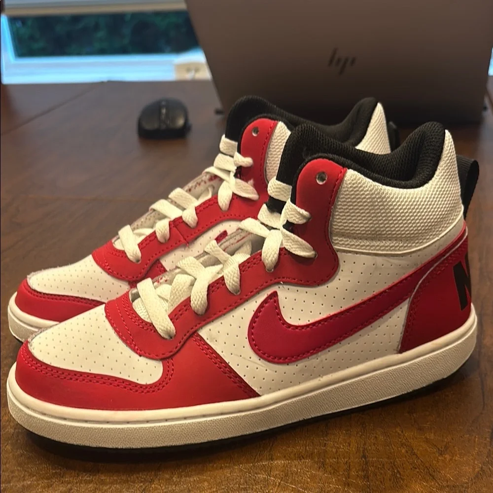 Boys Nike high top sneakers black red and white size 4 boys! Brand new